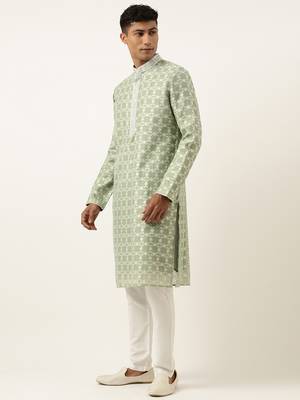 Green jacquard silk kurta set 3