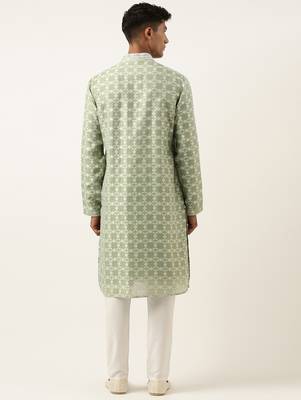 Green jacquard silk kurta set 5