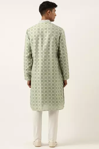Green jacquard silk kurta set