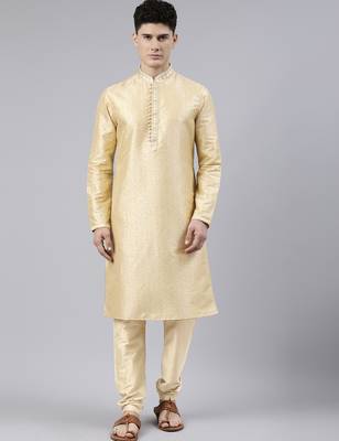 Beige art silk kurta set with shining golden khadi print 1
