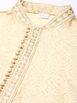 Beige art silk kurta set with shining golden khadi print 2