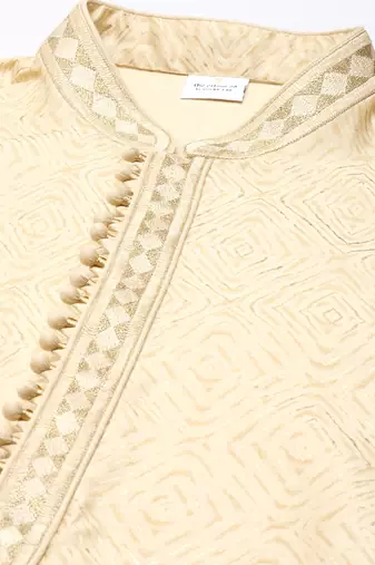 Beige art silk kurta set with shining golden khadi print