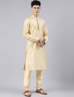 Beige art silk kurta set with shining golden khadi print 4