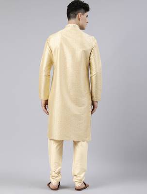 Beige art silk kurta set with shining golden khadi print 5