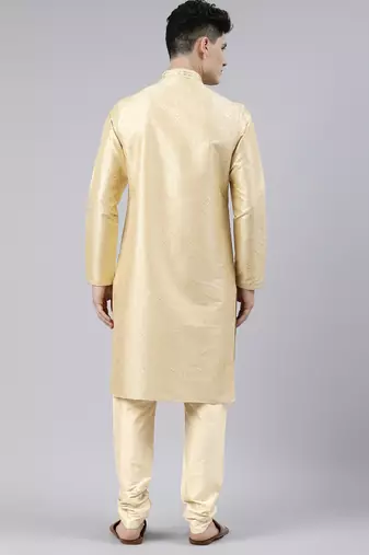 Beige art silk kurta set with shining golden khadi print