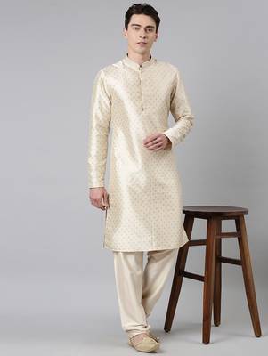 Cream silk gold printed kurta set 4