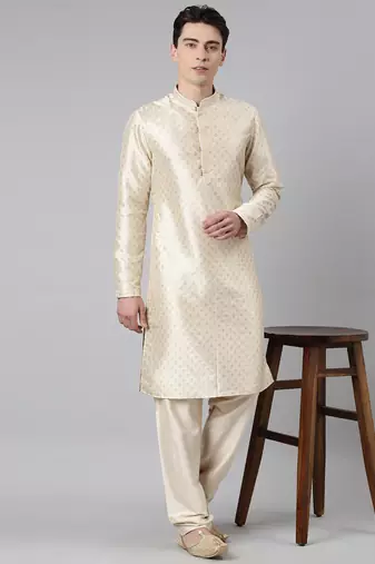 Cream silk gold printed kurta set