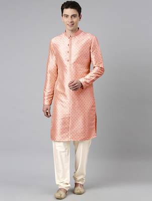 Peach silk gold printed kurta set 1