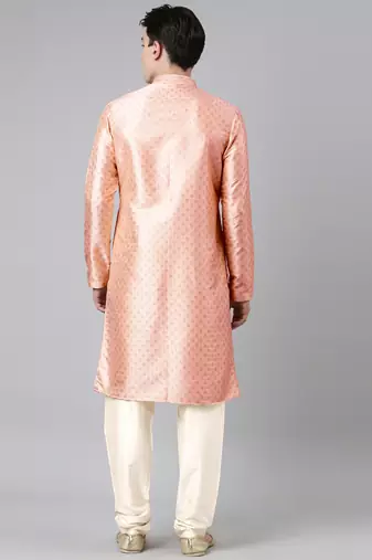 Peach silk gold printed kurta set