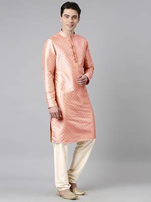 Peach silk gold printed kurta set 3