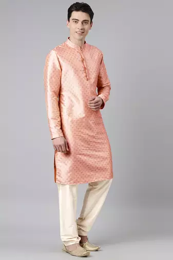 Peach silk gold printed kurta set