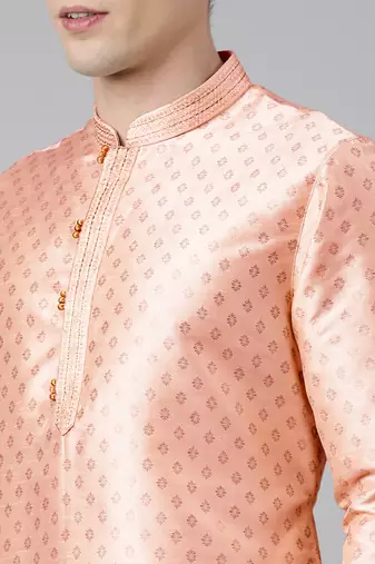 Peach silk gold printed kurta set