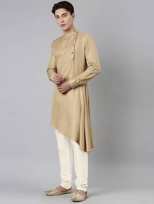 Beige self-design drape side-open kurta 3