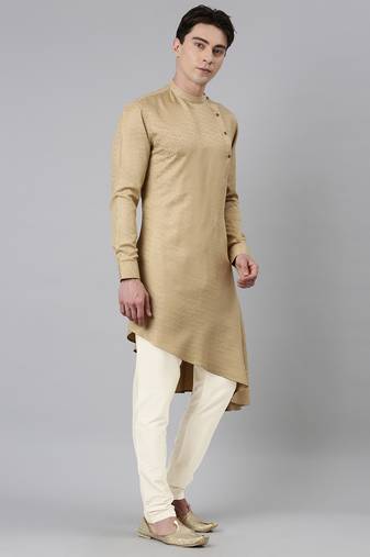 Beige self-design drape side-open kurta