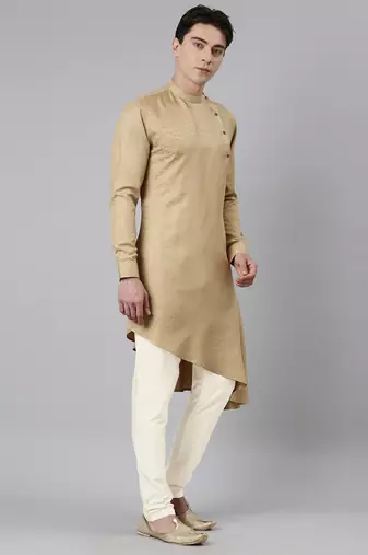 Beige self-design drape side-open kurta