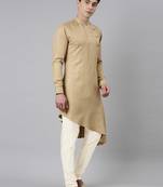 Beige self-design drape side-open kurta