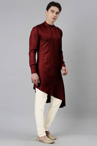 Maroon self-design drape side-open kurta
