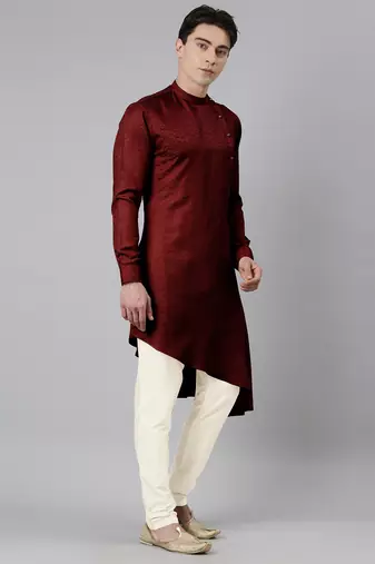 Maroon self-design drape side-open kurta