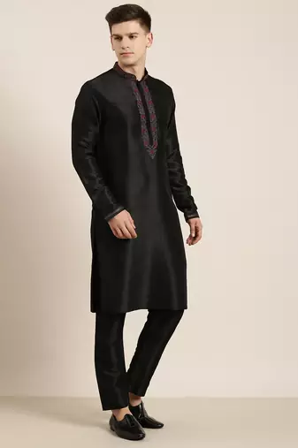 Black pashmina embroidered kurta set