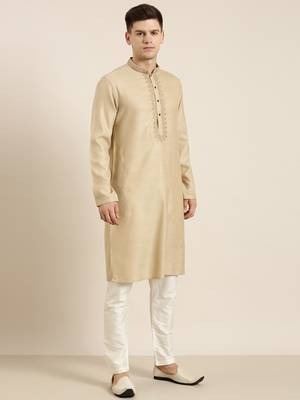 Beige cotton dori embroidered kurta 3