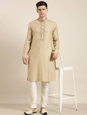 Beige cotton dori embroidered kurta 5