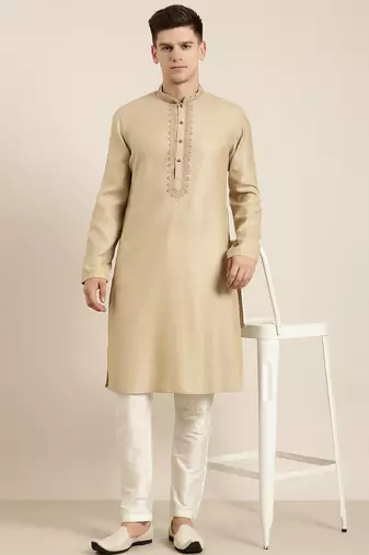 Beige cotton dori embroidered kurta
