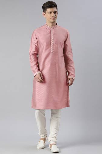 Pink self jacquard art silk embroidered kurta set