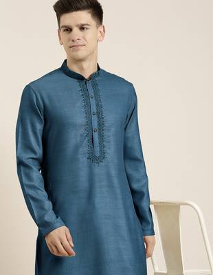 Denim blue cotton dori embroidered kurta 2