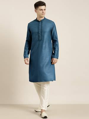 Denim blue cotton dori embroidered kurta 1