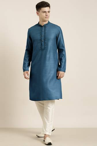 Denim blue cotton dori embroidered kurta