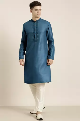 Denim blue cotton dori embroidered kurta