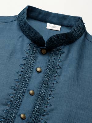 Denim blue cotton dori embroidered kurta 3
