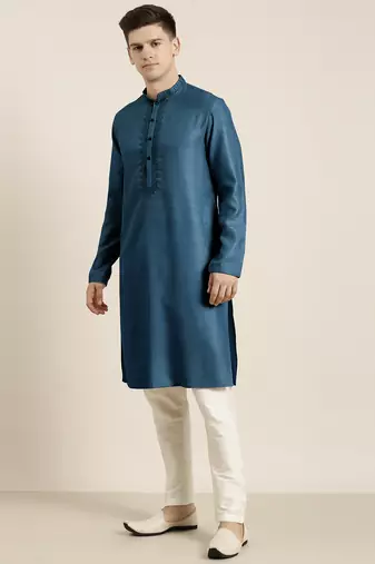 Denim blue cotton dori embroidered kurta