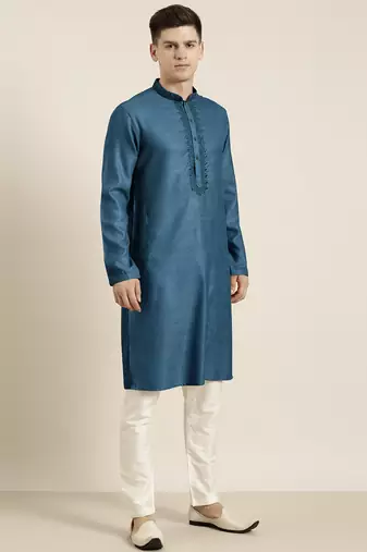 Denim blue cotton dori embroidered kurta