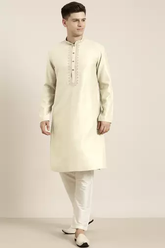 Cream cotton dori embroidered kurta