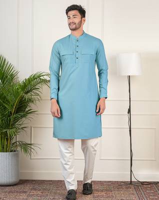 Teal cotton pathani kurta set with patch pocket 1