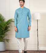 Teal cotton pathani kurta set with patch pocket
