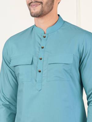 Teal cotton pathani kurta set with patch pocket 2
