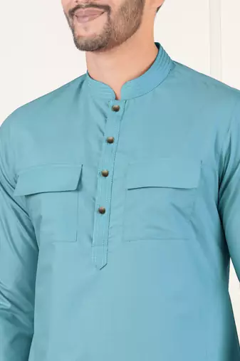 Teal cotton pathani kurta set with patch pocket