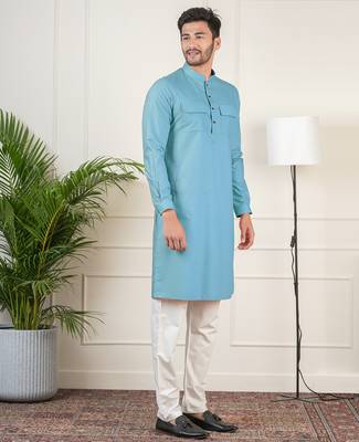 Teal cotton pathani kurta set with patch pocket 3