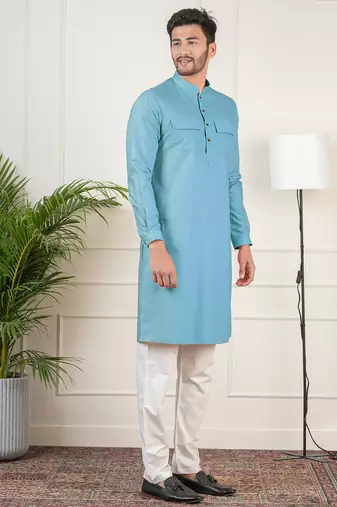 Teal cotton pathani kurta set with patch pocket