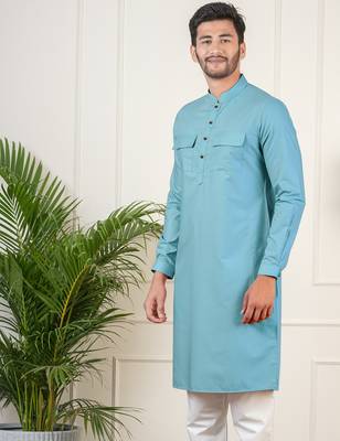 Teal cotton pathani kurta set with patch pocket 5