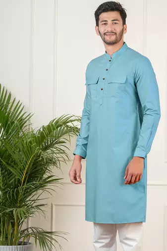 Teal cotton pathani kurta set with patch pocket