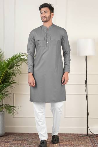 Grey cotton pathani kurta set with patch pocket