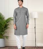 Grey cotton pathani kurta set with patch pocket