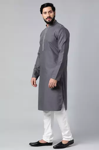 Grey cotton dori embroidered kurta set