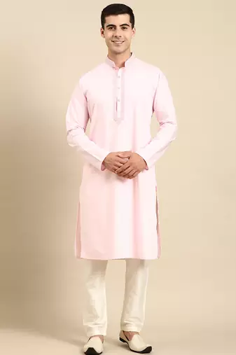 Baby pink cotton dori embroidered kurta set