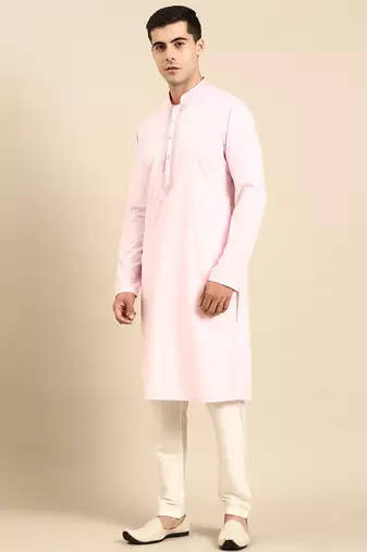 Baby pink cotton dori embroidered kurta set