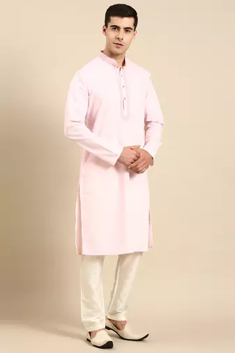 Baby pink cotton dori embroidered kurta set