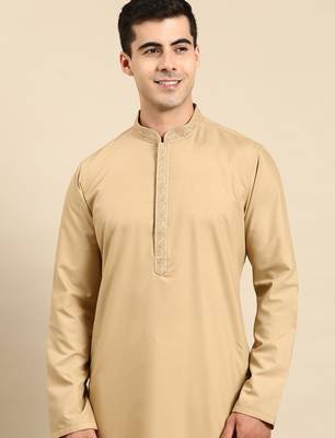 Beige cotton dori embroidered kurta set 1